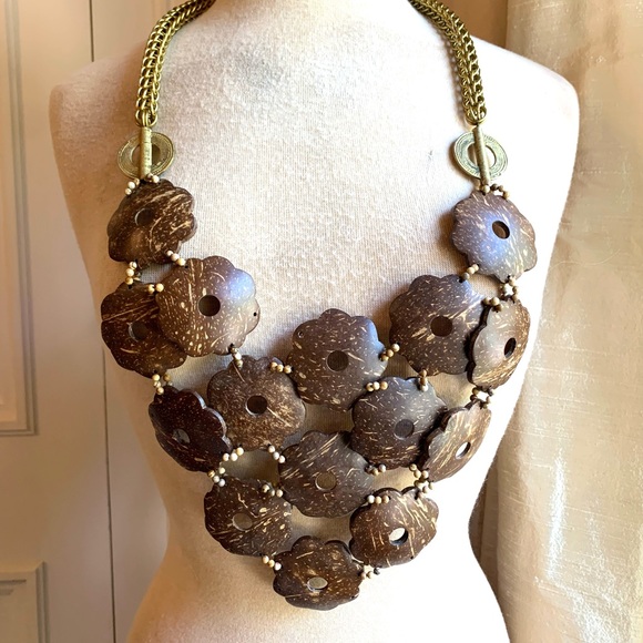 Sweet Olive Lightweight Coconut Shell and Brass Bib Necklace - Picture 1 of 6